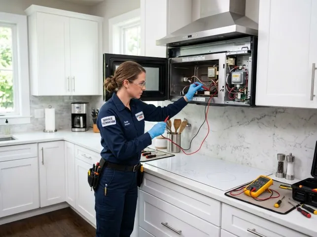 Appliance Repair Hero technician testing an over-the-range microwave in a Aurora, IL kitchen